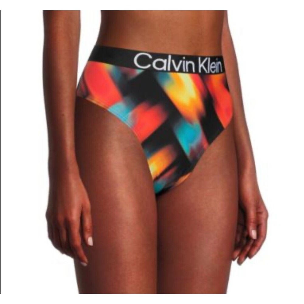 CalvinKlein Black MultiAbstract Stretch X-Fit UPF 50+ Swim Hipster Bottom S NWT